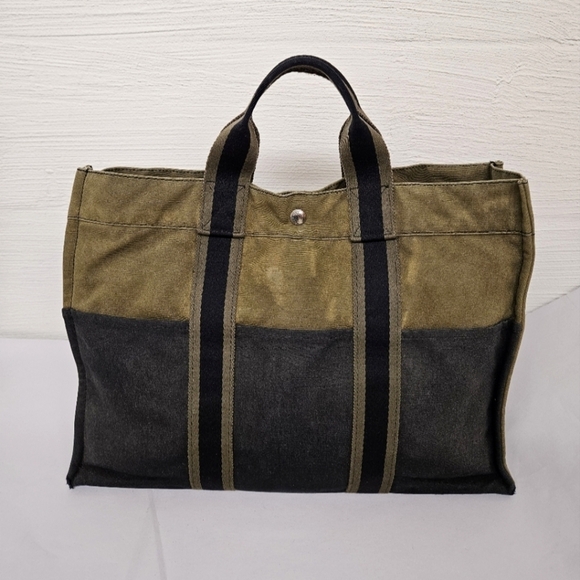 Hermes Canvas Fourre Tout Holdall Tote Bag in Green and Navy Size MM - Picture 1 of 16